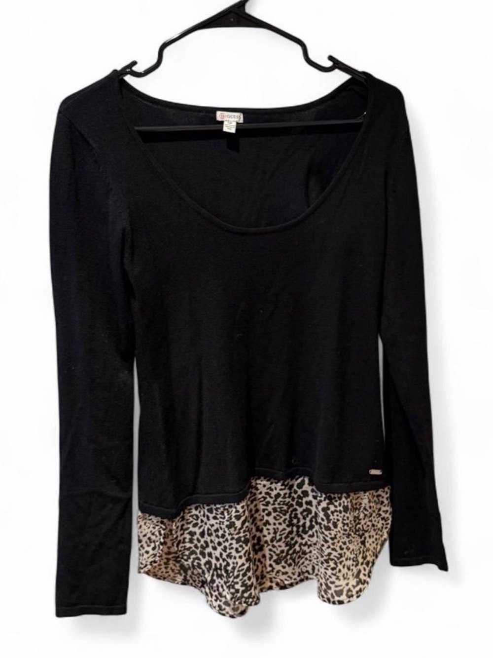 Guess Black Long-Sleeve Top with Leopard Hem